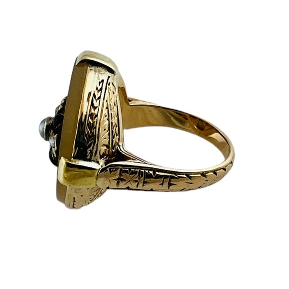 Vintage 14K Yellow Gold Round Black Onyx Seed Pearl Ring #16001 - Picture 6 of 11